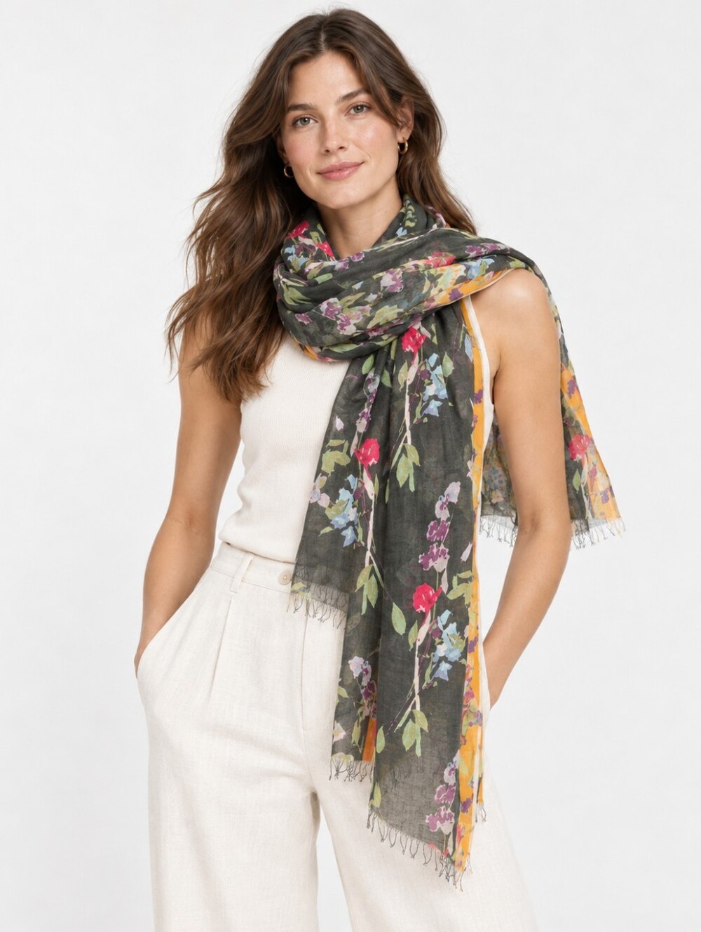 ÉPICE Paris Floral Linen Cotton Scarf Black Multicolor Fringe Designer Wrap